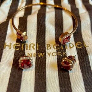 Henri Bendel Gold Ruby Red stones Jewelry set Bracelet Matching pair Earrings